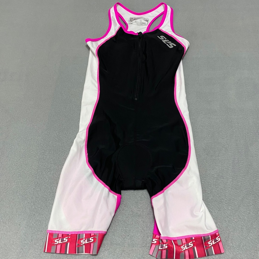 SLS3 Womens Triathlon Suit Black White Pink Padded Front Zip Trisuit Size S